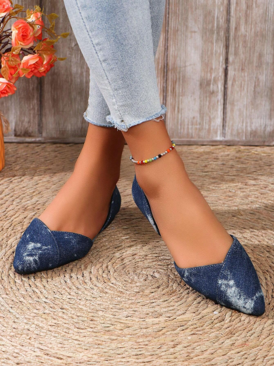 Women's Plus Size New Arrival Denim Fabric Lightweight Pointed-Toe Anti-Slip Summer Flat Shoes, All-Match Style