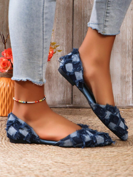 Women Plus Size New Arrival Denim Fabric Light Non-Slip Pointed Toe Flat Shoes For Summer