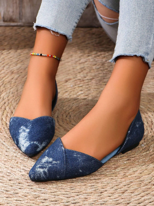 Women's Plus Size New Arrival Denim Fabric Lightweight Pointed-Toe Anti-Slip Summer Flat Shoes, All-Match Style