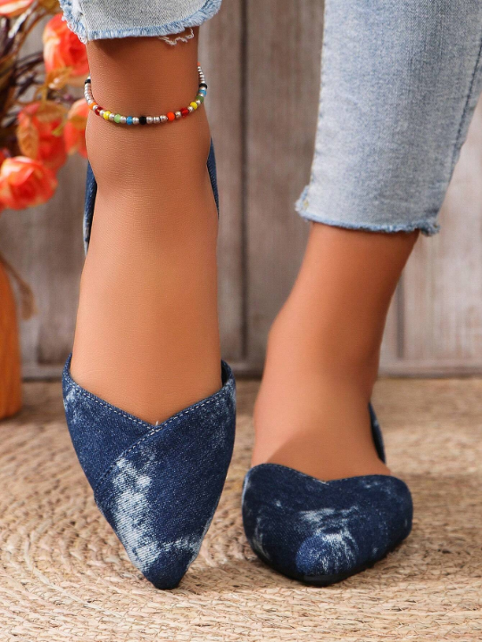 Women's Plus Size New Arrival Denim Fabric Lightweight Pointed-Toe Anti-Slip Summer Flat Shoes, All-Match Style