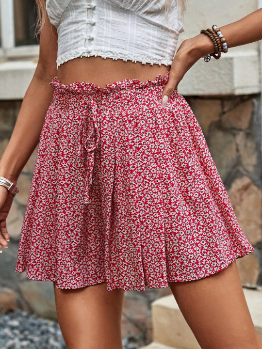 Frenchy Ladies' Floral Print Shorts, Spring Pants, Flowy Floral Shorts, Ruffled Skirt, Floral Shorts, Summer Bottoms, Red Shorts A-Hem Culottes For Holiday Outings And Everyday Casual Wear