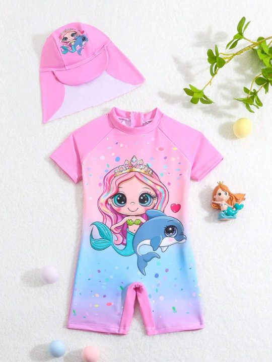 Baby Girl Mermaid Printed Short Sleeve One-Piece Swimsuit With Cap