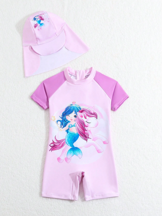 Baby Girls' Cartoon Mermaid Printed One-Piece Swimsuit With Cap, Featuring Dropped Shoulder Design