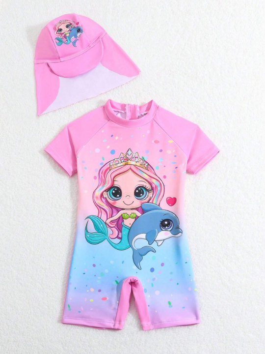 Baby Girl Mermaid Printed Short Sleeve One-Piece Swimsuit With Cap