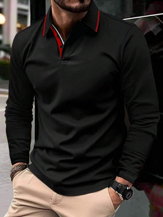 Manfinity Mode Men's Simple Long Sleeve Polo Shirt For Daily Wear