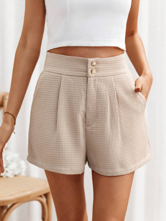 Frenchy Women's Solid Color High Waisted Shorts With Texture And Slanted Pockets