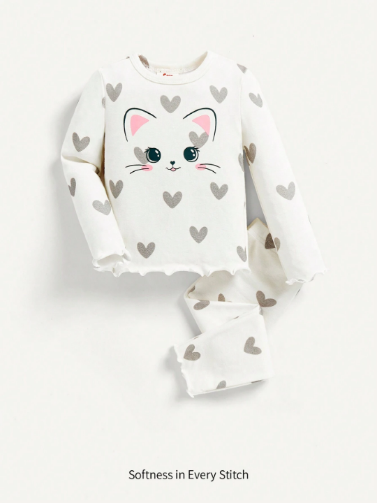 Cozy Cub Baby Girl Snug Fit Pajamas Two Piece Set: Heart/ Cartoon Print Round Neck Top & Pants With Ruffle Trim