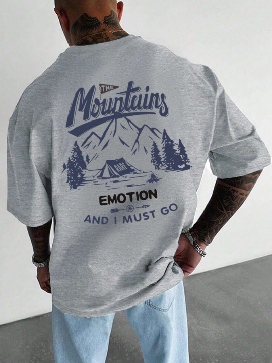 Men's Mountain And Letters Printed Round Neck Short Sleeve T-Shirt