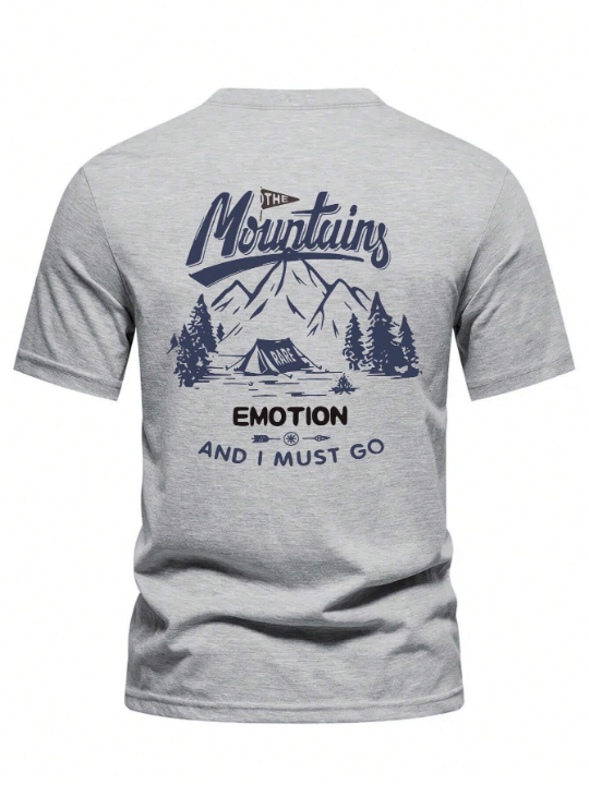 Men's Mountain And Letters Printed Round Neck Short Sleeve T-Shirt