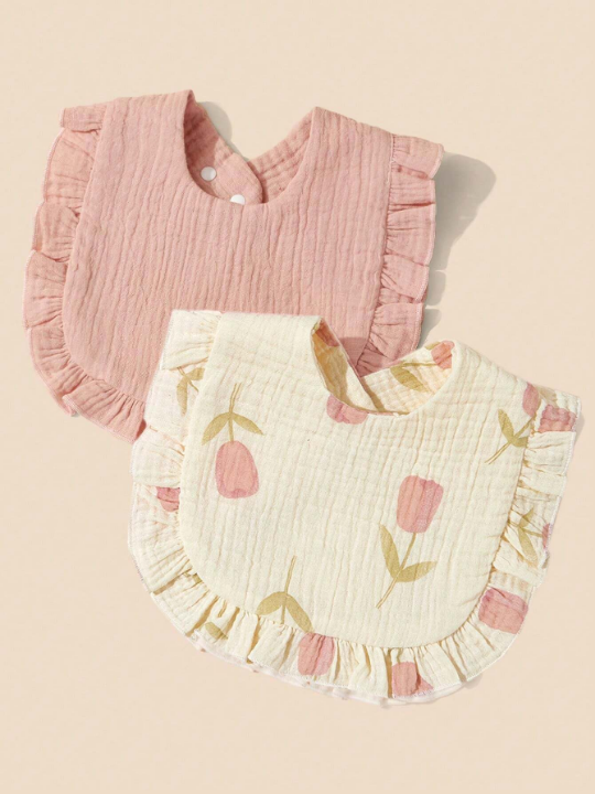 2pcs Baby Bibs With Ruffle Trim