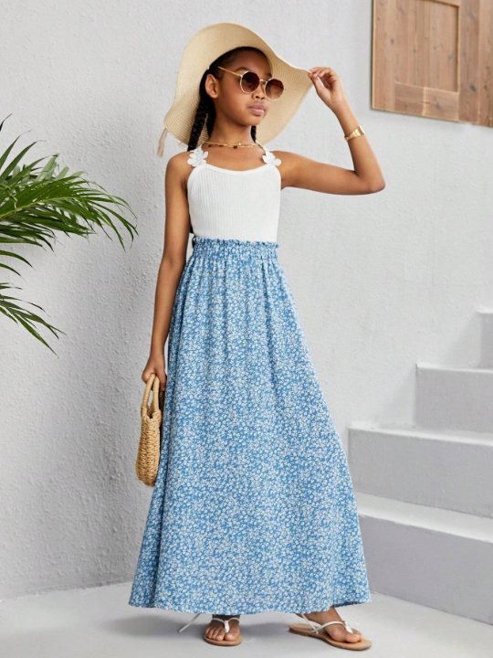 Tween Girl's Casual Woven Loose Fit Floral Print Skirt, Suitable For Daily And Holiday Outfits