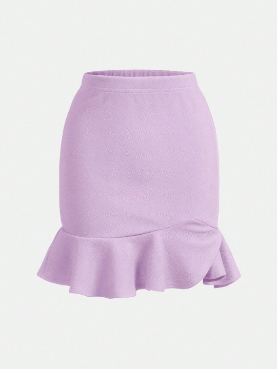 Girls' Knitted Solid Color Asymmetrical Hem Skirt With Ruffle Detail For Sports And Casual Wear