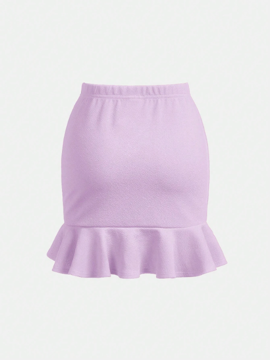 Girls' Knitted Solid Color Asymmetrical Hem Skirt With Ruffle Detail For Sports And Casual Wear