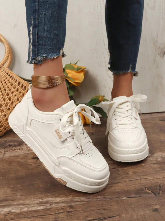 Women Simple Splice Color Lace-Up Skate Shoes, Spring/Autumn New Style, Fashionable All-Matching, Lightweight, Comfortable, White Casual Sports Shoes