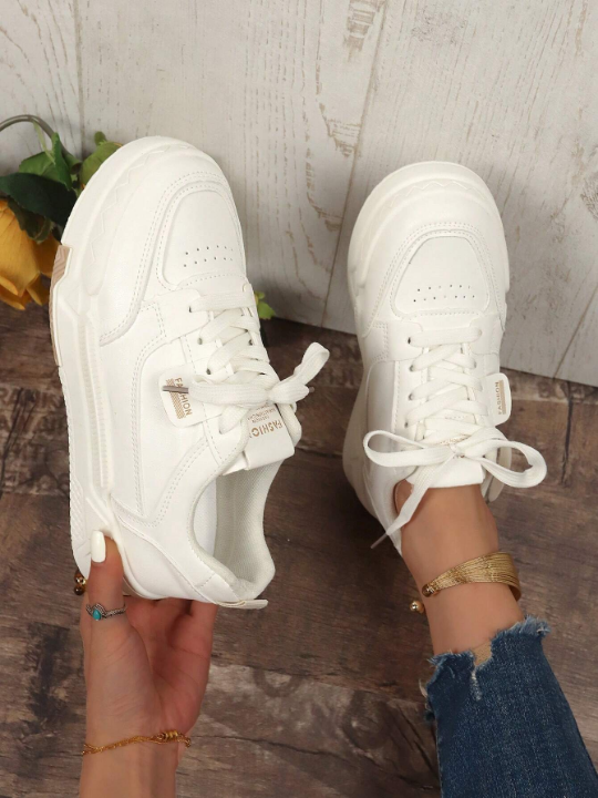 Women Simple Splice Color Lace-Up Skate Shoes, Spring/Autumn New Style, Fashionable All-Matching, Lightweight, Comfortable, White Casual Sports Shoes