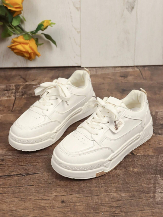 Women Simple Splice Color Lace-Up Skate Shoes, Spring/Autumn New Style, Fashionable All-Matching, Lightweight, Comfortable, White Casual Sports Shoes