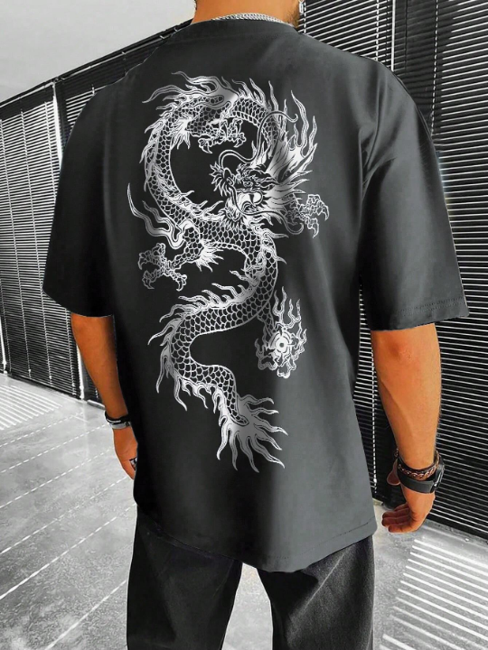 Manfinity EMRG Men's Loose Fit Dragon Printed Short Sleeve T-Shirt, Suitable For Summer Casual Outfits