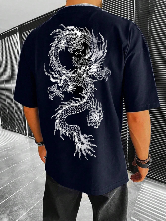 Manfinity EMRG Men's Loose Fit Short Sleeve T-Shirt With Chinese Dragon Print, Suitable For Summer Casual Wear