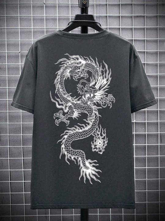 Manfinity EMRG Men's Loose Fit Dragon Printed Short Sleeve T-Shirt, Suitable For Summer Casual Outfits