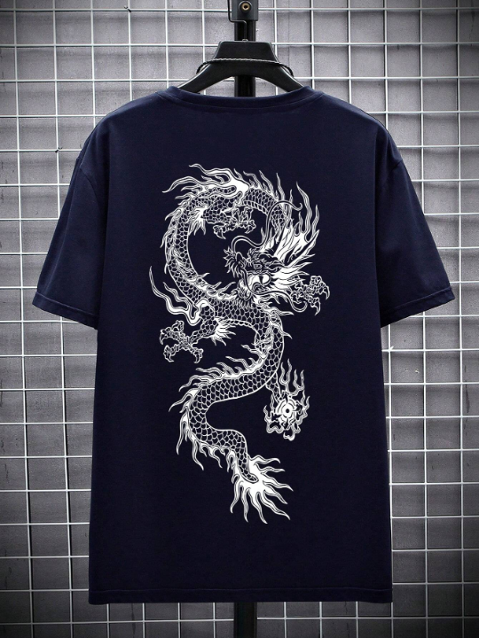 Manfinity EMRG Men's Loose Fit Short Sleeve T-Shirt With Chinese Dragon Print, Suitable For Summer Casual Wear