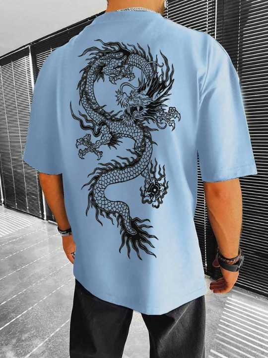 Manfinity EMRG Men's Loose Fit Short Sleeve T-Shirt With Chinese Dragon Print, Perfect For Summer Casual Wear