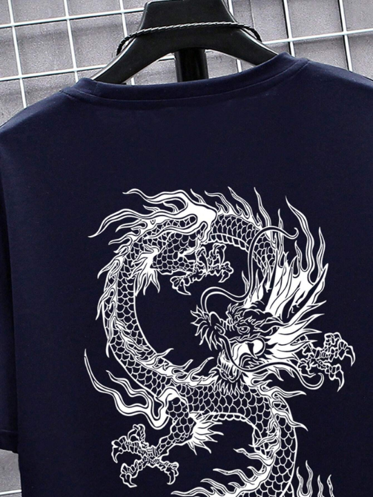 Manfinity EMRG Men's Loose Fit Short Sleeve T-Shirt With Chinese Dragon Print, Suitable For Summer Casual Wear