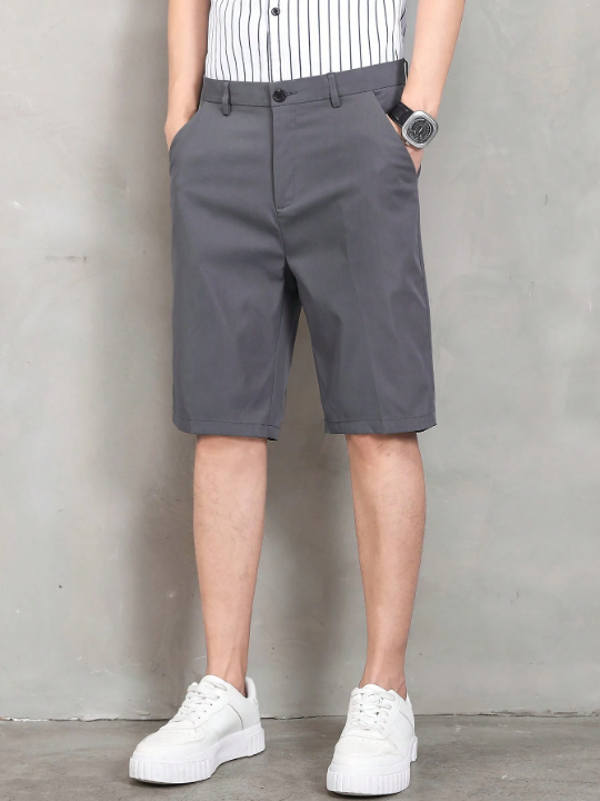 Men's Solid Color Straight Shorts With Slanted Pockets, Summer Casual