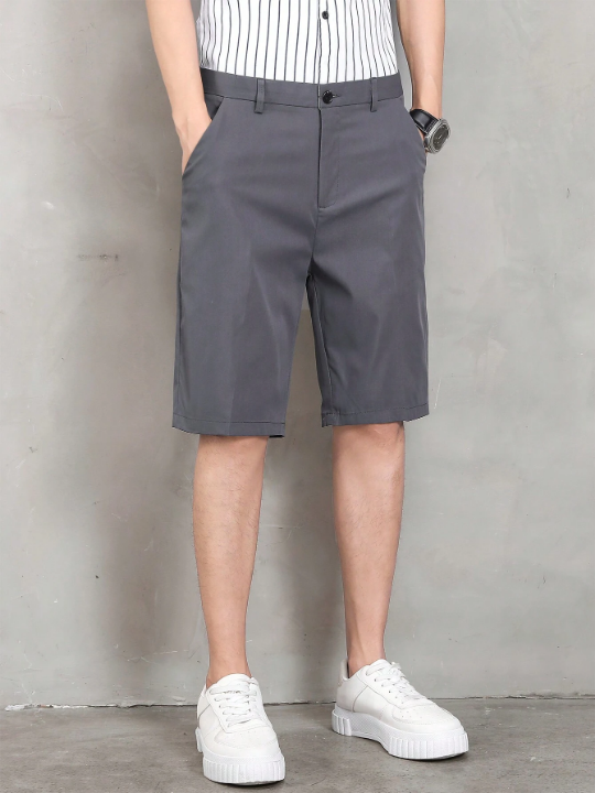 Men's Solid Color Straight Shorts With Slanted Pockets, Summer Casual