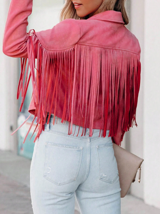 Astylish Khaki Long Sleeve Fringe Open Front Faux Suede Moto Jacket