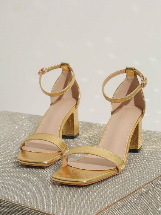 Women's Fashionable And Versatile Elegant And Noble One-Strap Sandals Featuring Thick High Heels For Party And Banquet Wear