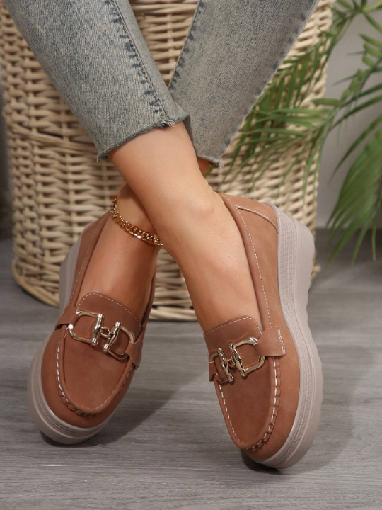 Comfortable Slip-On Platform Loafers With Soft Sole And Wedge Heel, Khaki