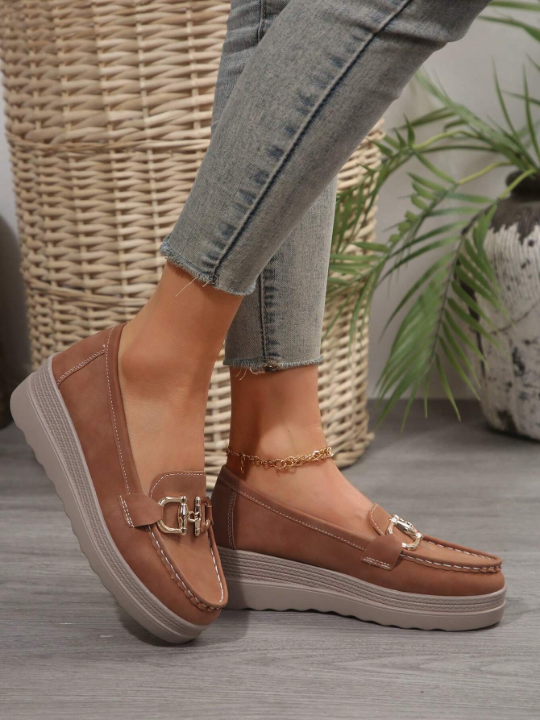 Comfortable Slip-On Platform Loafers With Soft Sole And Wedge Heel, Khaki