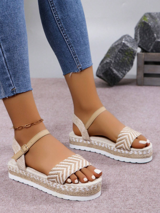 Women's Wedge Heel Thick Sole Sandals, Round Toe, Arrow Pattern, Rope Bottom, Beach Shoes