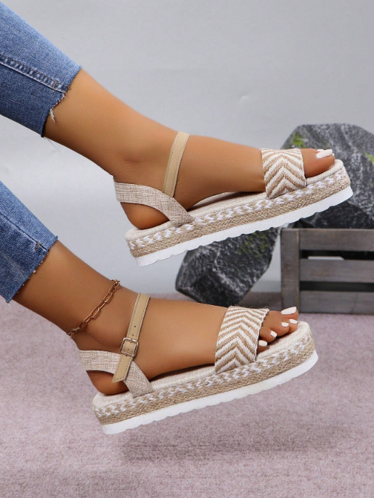 Women's Wedge Heel Thick Sole Sandals, Round Toe, Arrow Pattern, Rope Bottom, Beach Shoes