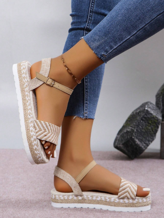 Women's Wedge Heel Thick Sole Sandals, Round Toe, Arrow Pattern, Rope Bottom, Beach Shoes