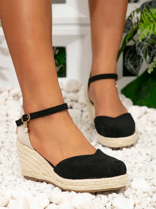 Classic Versatile And Stylish Fairy-Style Wedges, Classic Retro Woven High-Heel Shoes, Casual And Formal Pure Black Suede Leather Shoes For Women