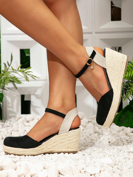 Classic Versatile And Stylish Fairy-Style Wedges, Classic Retro Woven High-Heel Shoes, Casual And Formal Pure Black Suede Leather Shoes For Women