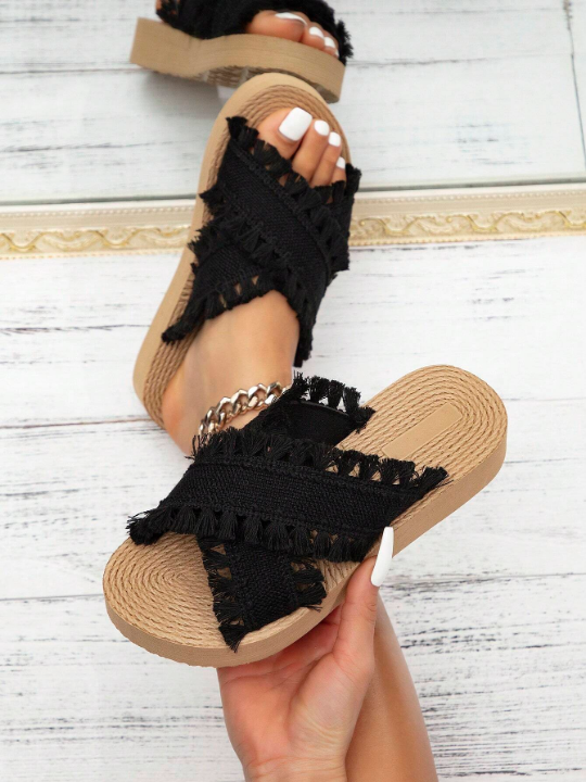 2024 Women Spring/Summer New Bohemian Style Cute Vintage Fashion High-End Hand-Woven Tassel Sandals, European And American Sexy And Charming Atmosphere Black Round Toe Faux  Sole Platform Wedge Sandals