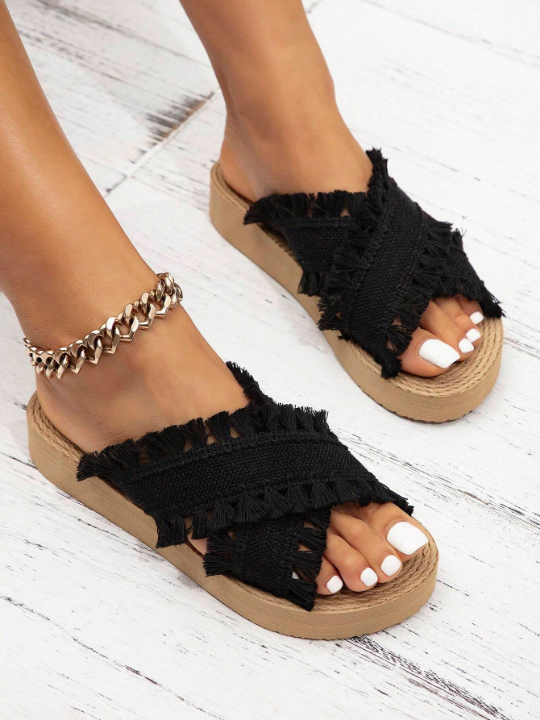 2024 Women Spring/Summer New Bohemian Style Cute Vintage Fashion High-End Hand-Woven Tassel Sandals, European And American Sexy And Charming Atmosphere Black Round Toe Faux  Sole Platform Wedge Sandals