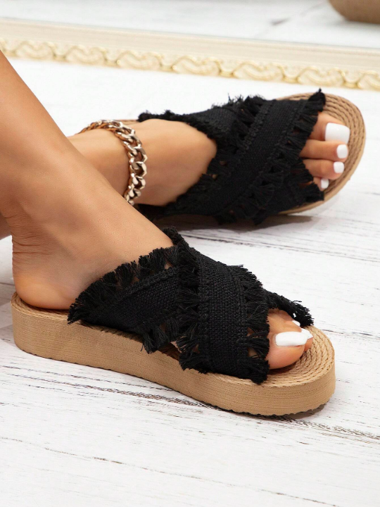 2024 Women Spring/Summer New Bohemian Style Cute Vintage Fashion High-End Hand-Woven Tassel Sandals, European And American Sexy And Charming Atmosphere Black Round Toe Faux  Sole Platform Wedge Sandals