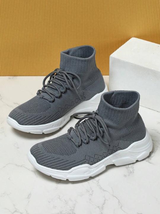 Gray Fashionable Unisex Soft Lightweight Sock Shoes, Men Walking Shoes, Sports Fitness Running School Shoes