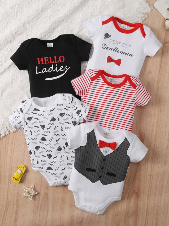 Baby Boy 5-Piece Set New Style Triangle Jumpsuit Gentleman Printed Romper Crawling Suit