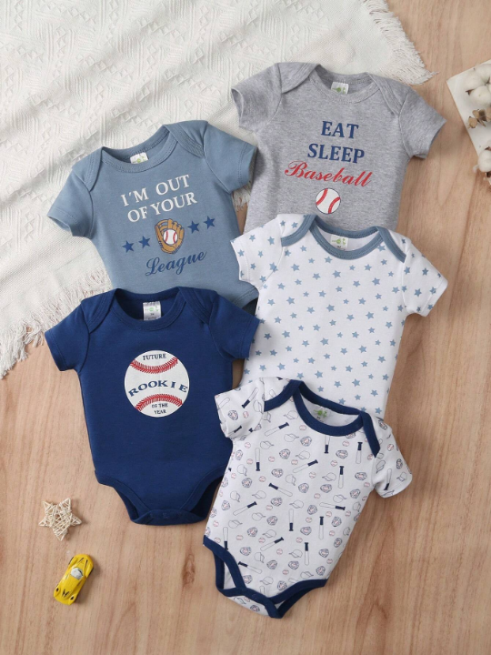 Baby Boy 5-Piece Summer New Baseball Print Short Sleeve Romper Set