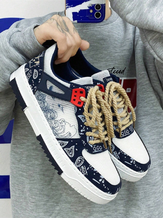 Men Wave & Letter Graphic Lace Up Sneakers, Sporty Mesh Skate Shoes For Outdoor Mens Streetwear