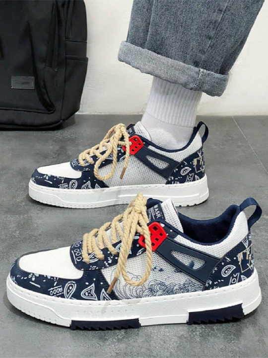 Men Wave & Letter Graphic Lace Up Sneakers, Sporty Mesh Skate Shoes For Outdoor Mens Streetwear