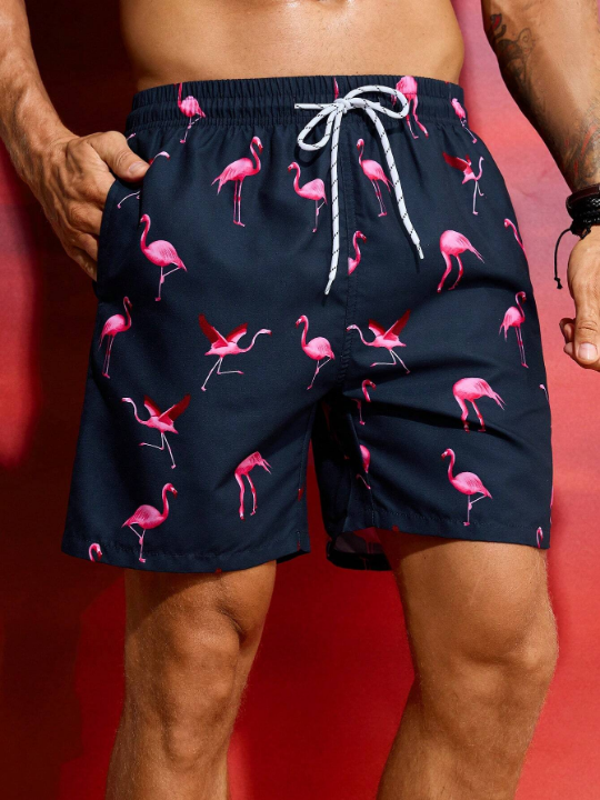 Manfinity Swimmode Men's Flamingo Print Drawstring Waist Beach Shorts, Summer Vacation