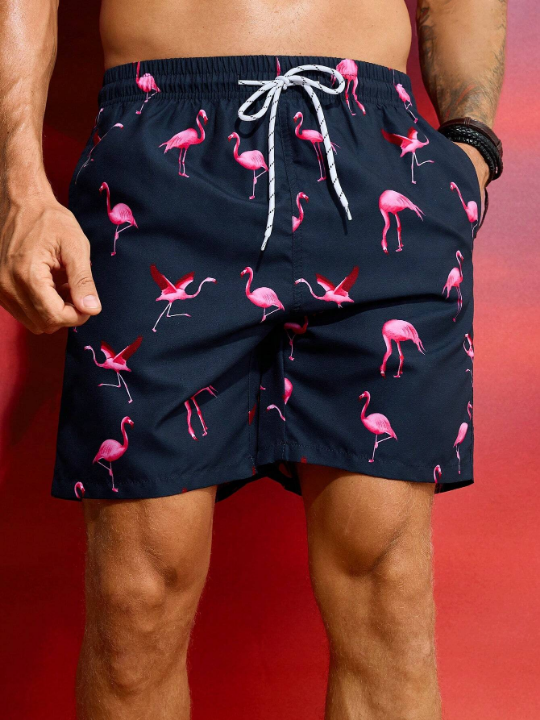 Manfinity Swimmode Men's Flamingo Print Drawstring Waist Beach Shorts, Summer Vacation