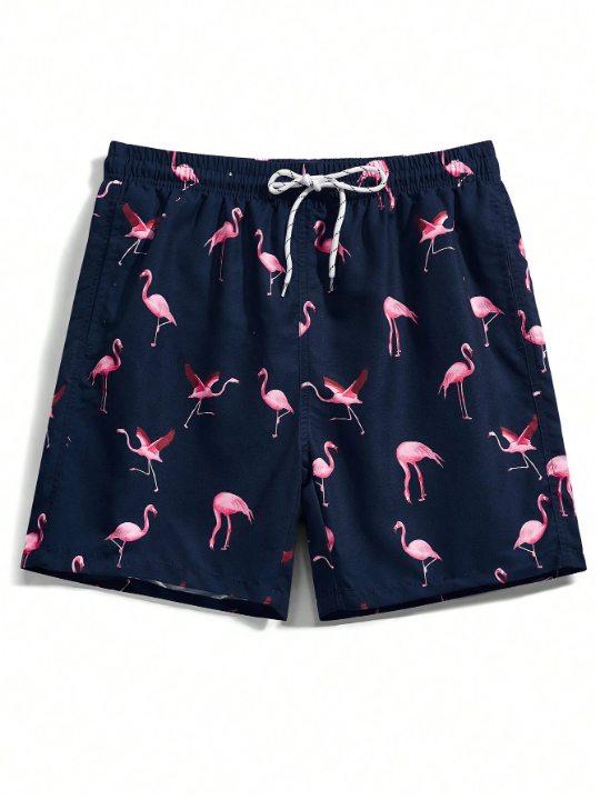 Manfinity Swimmode Men's Flamingo Print Drawstring Waist Beach Shorts, Summer Vacation