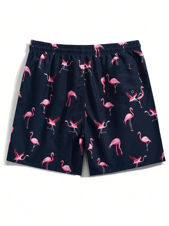 Manfinity Swimmode Men's Flamingo Print Drawstring Waist Beach Shorts, Summer Vacation