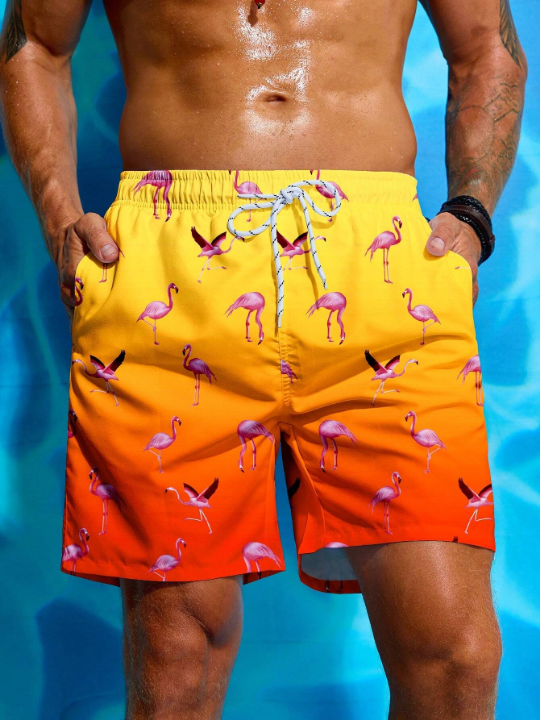 Manfinity Swimmode Men's Graident Flamingo Printed Beach Shorts